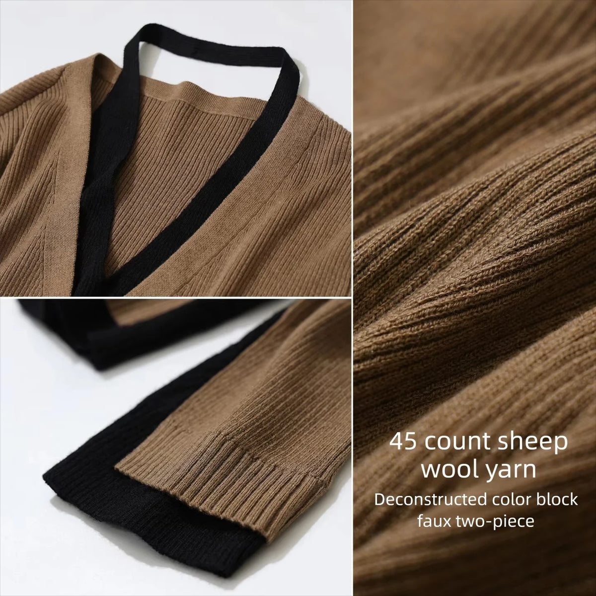 Women's V-Neck Faux Layered Color Block Knit Cardigan for Autumn