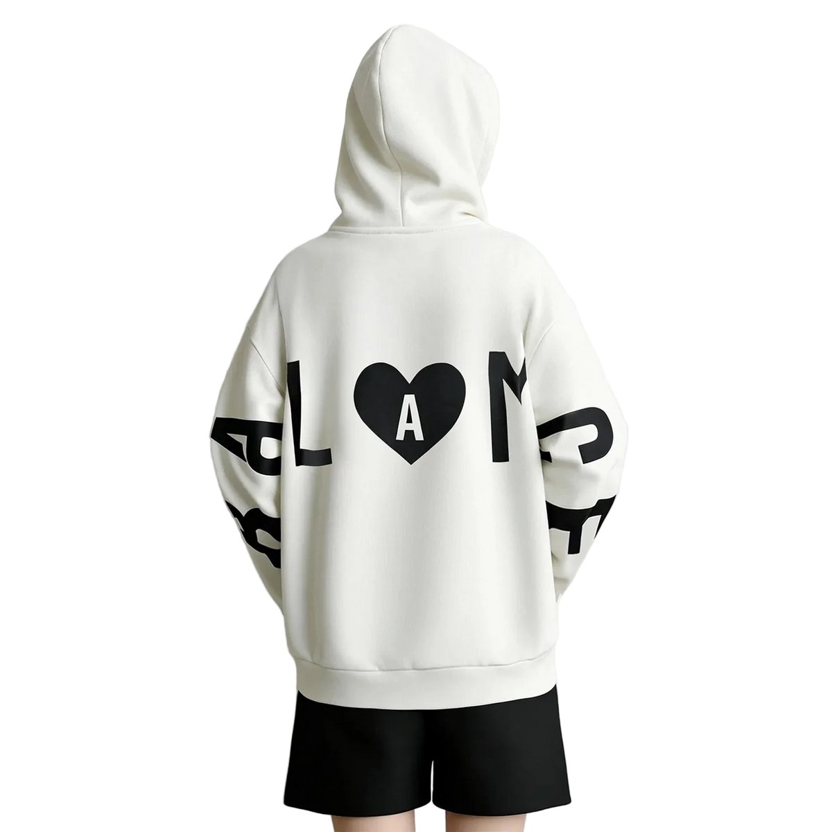 A person shown from the back wearing an oversized white hoodie with large black graphic lettering and a black heart containing the letter A on the back, paired with black shorts. The brand name AMII appears in the top left corner.