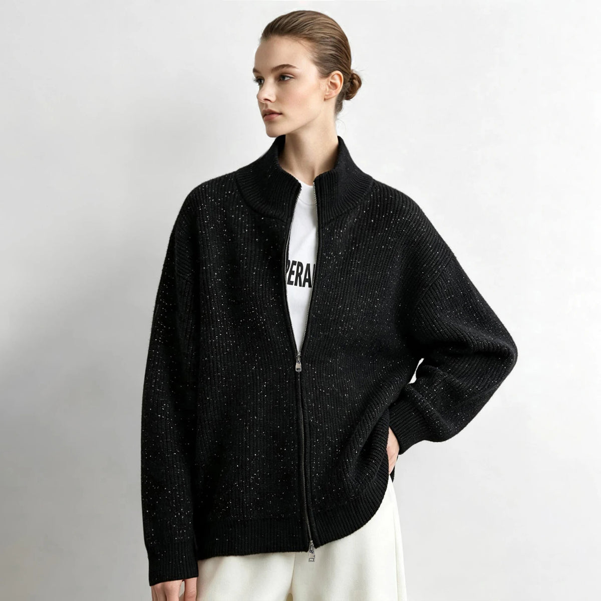 Sequin Sparkle Women's Stand Collar Jacket - Casual Commuter Coat
