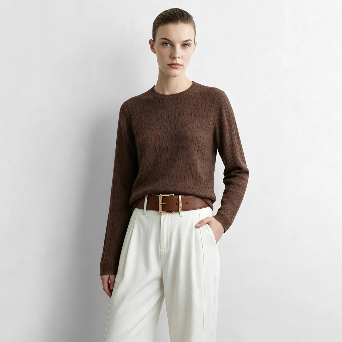 Women's Hollow Out Knit Sweater - Minimalist Crew Neck Casual Top