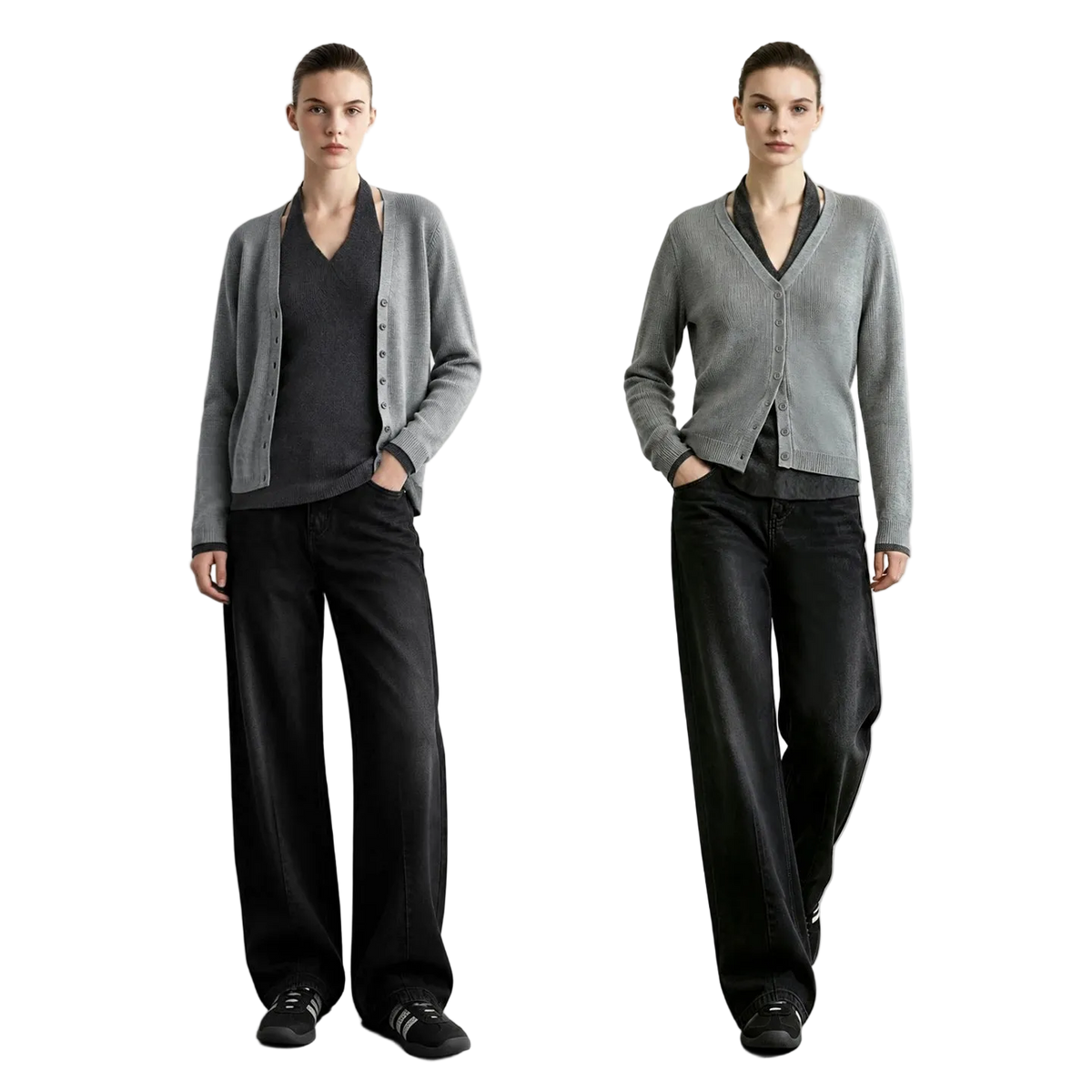 Two models standing side by side in a studio setting, wearing matching gray cardigans over dark V-neck tops and black wide-leg trousers.