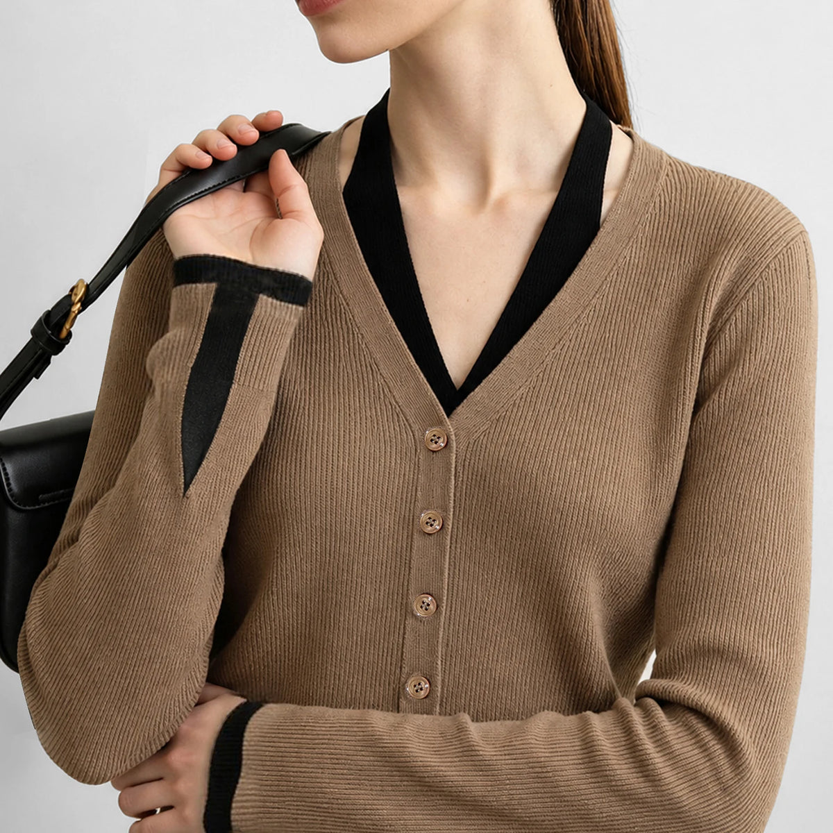 Women's V-Neck Faux Layered Color Block Knit Cardigan for Autumn