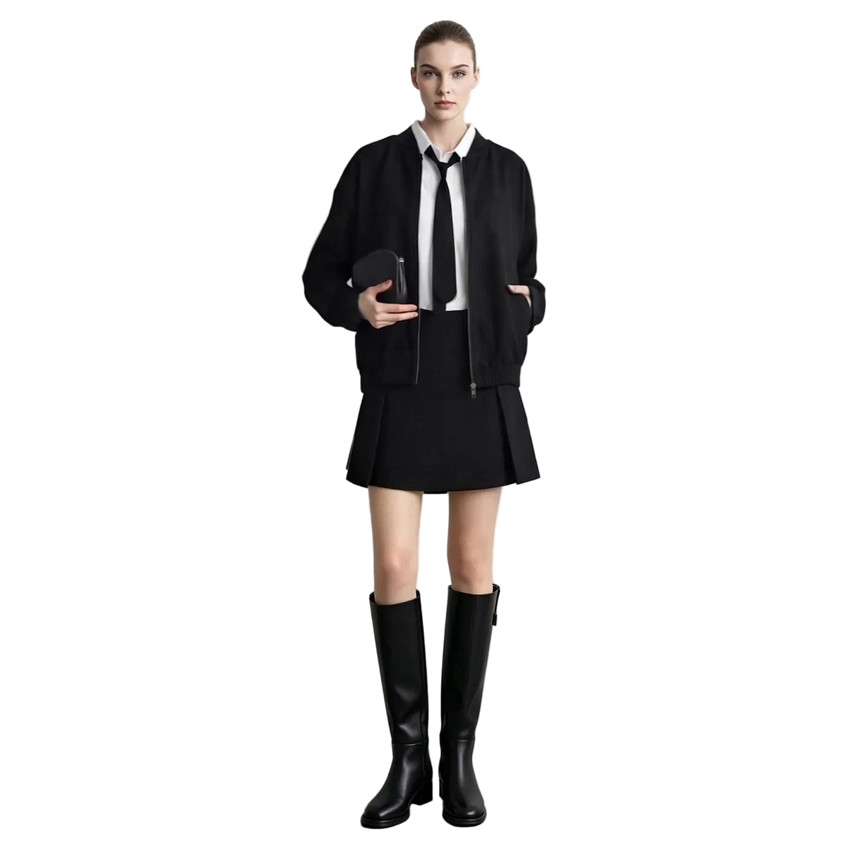 A model stands against a light gray wall wearing a black zip-front jacket over a white collared shirt with a black tie, a black pleated mini skirt, and tall black knee-high boots.
