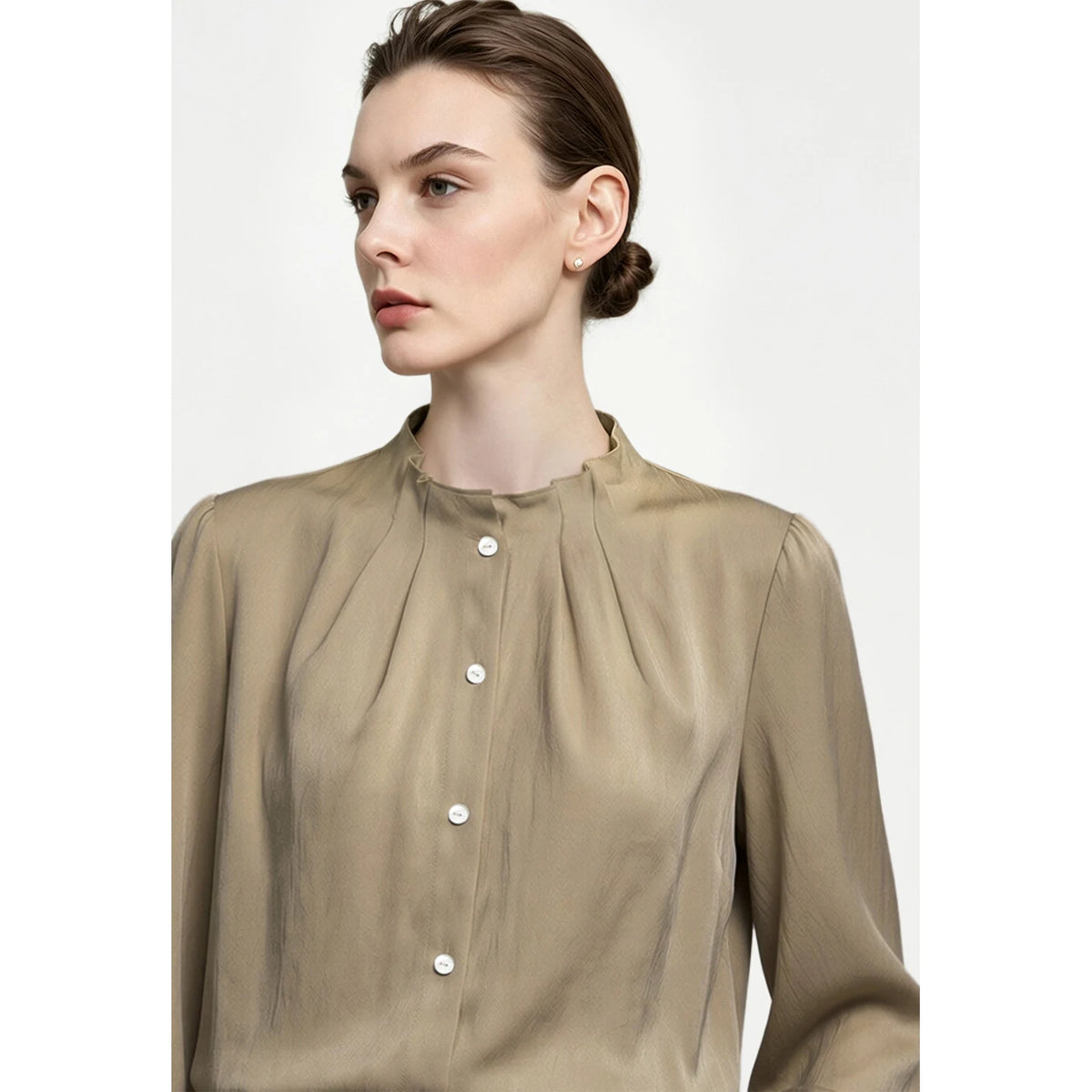 Satin Stand Collar Blouse - Oversized Flared Sleeve Minimalist Shirt
