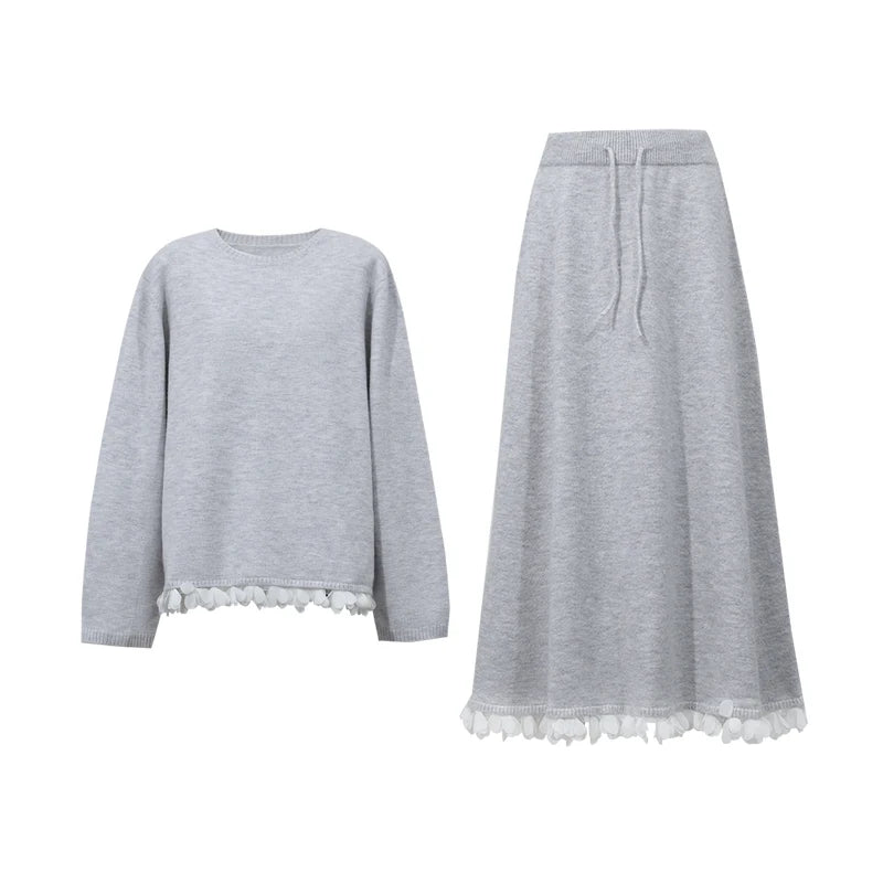 Women's O-Neck Sweater & Ruffle A-Line Midi Skirt Set
