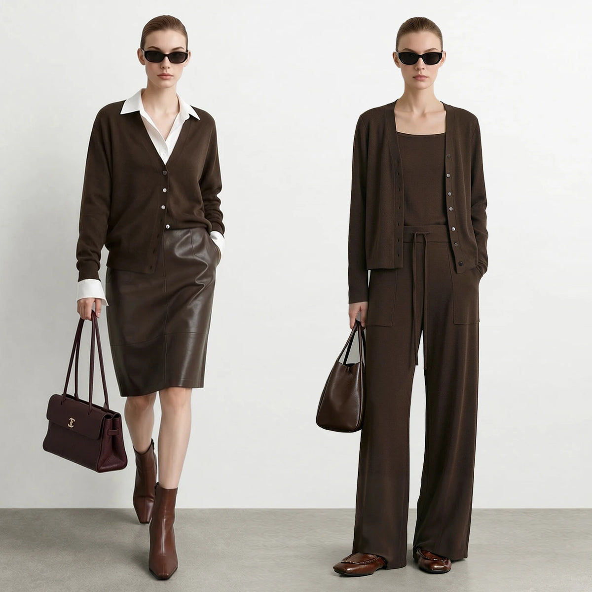 Mulberry Silk Blend V-Neck Cardigan - Elegant Knit Long Sleeve Top