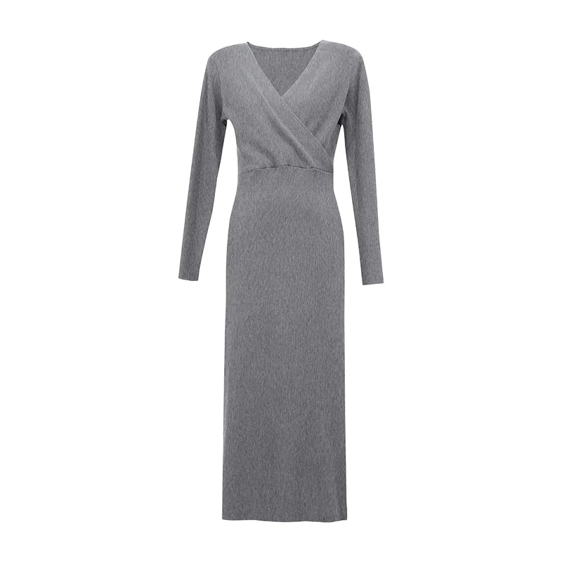 Women's V-Neck Knit Maxi Dress | Elegant A-Line Long Sleeve Sweater