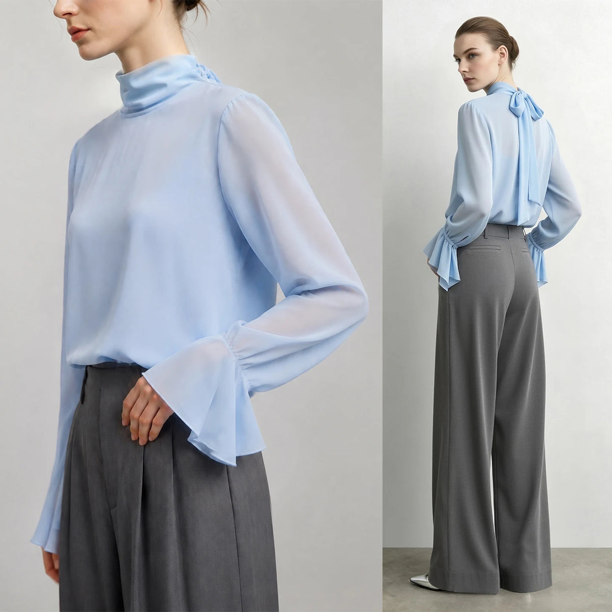 Women's High Neck Chiffon Blouse - Loose Fit Office Shirt