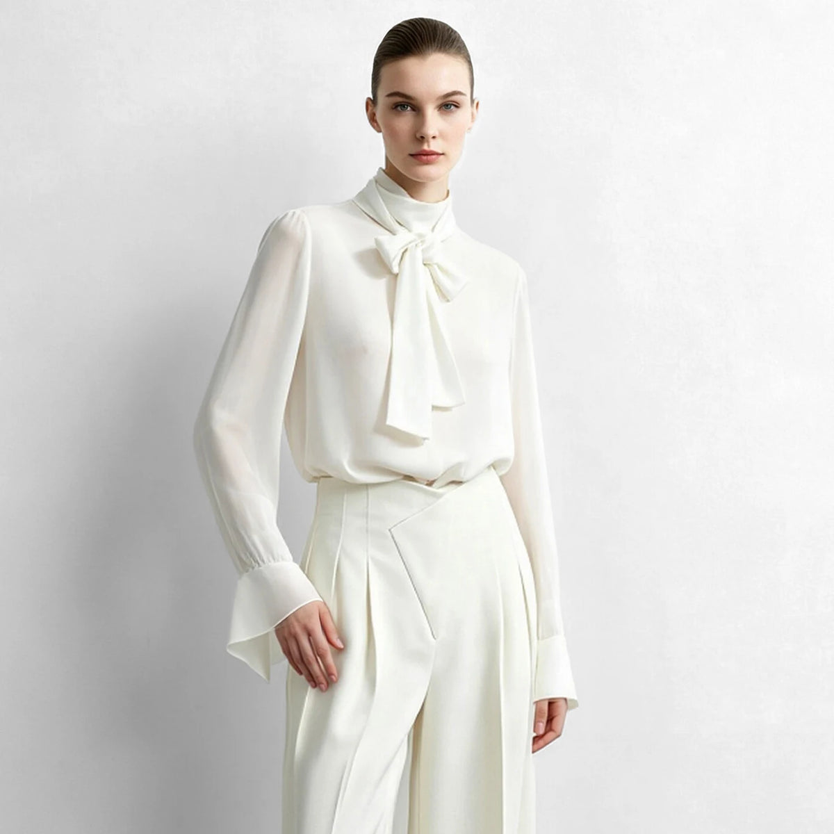 Women's High Neck Chiffon Blouse - Loose Fit Office Shirt