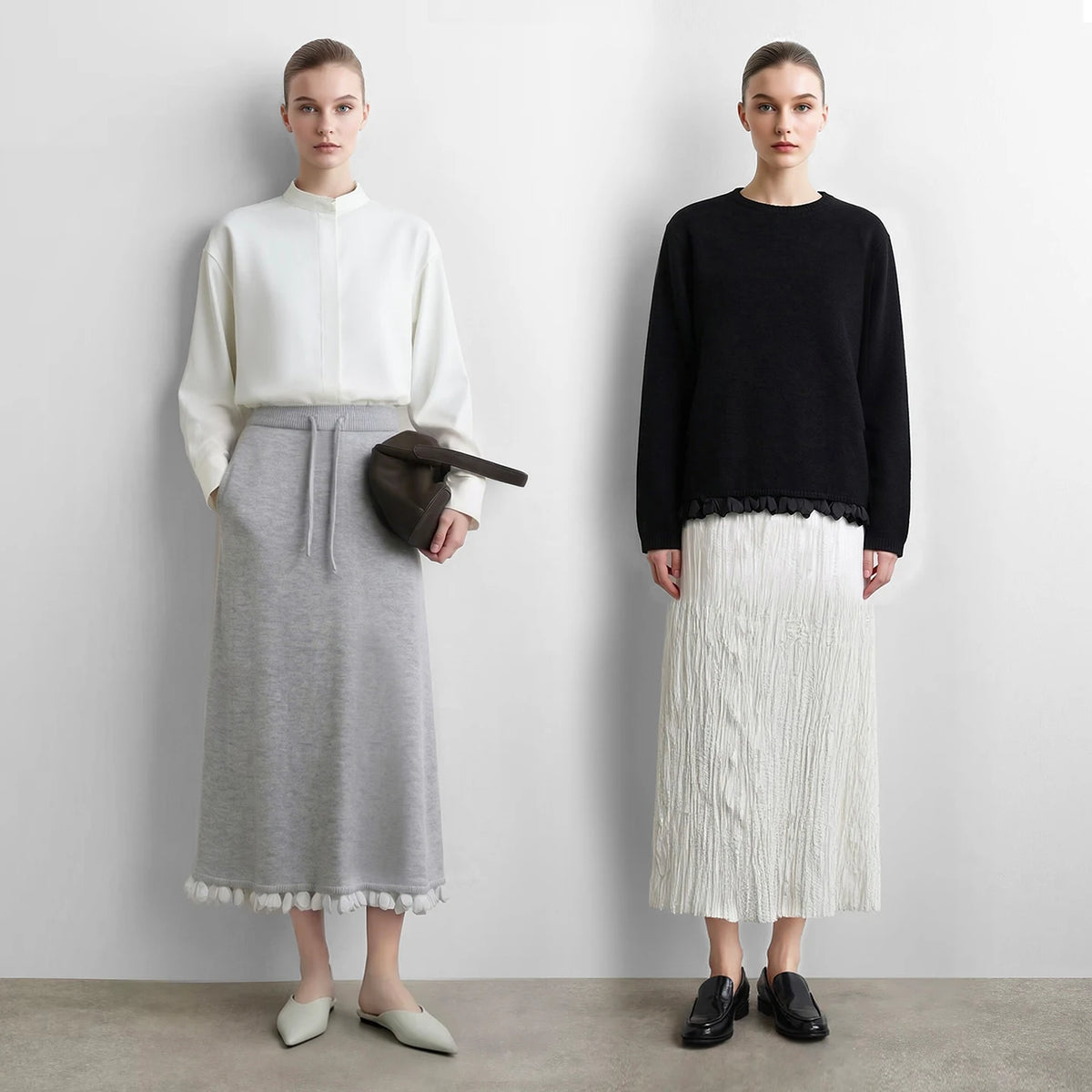 Women's O-Neck Sweater & Ruffle A-Line Midi Skirt Set
