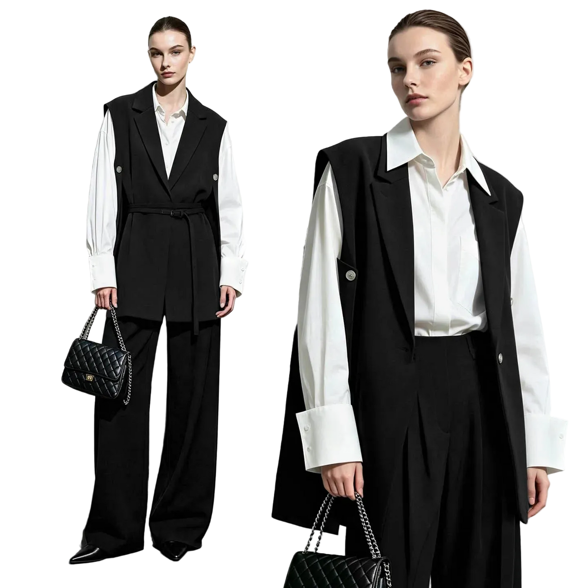 Two models wearing a black belted vest over a white long-sleeve shirt and black wide-leg trousers, standing against a light gray studio background. One model holds a black quilted handbag with a chain strap.