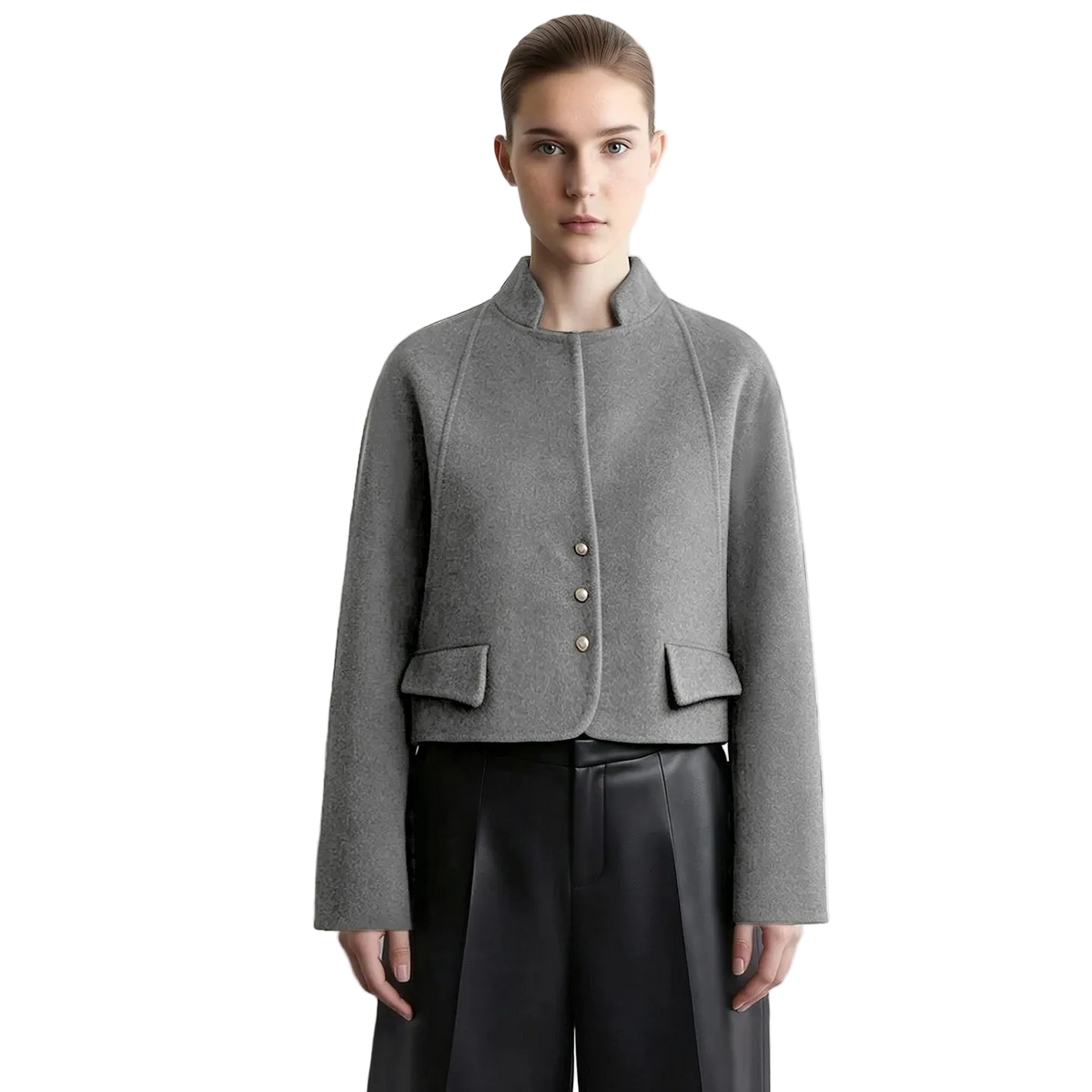 A model wearing a gray wool-blend cropped jacket with a stand collar and three front buttons, paired with black wide-leg trousers. The AMII brand logo is visible in the top left corner against a light gray studio background.