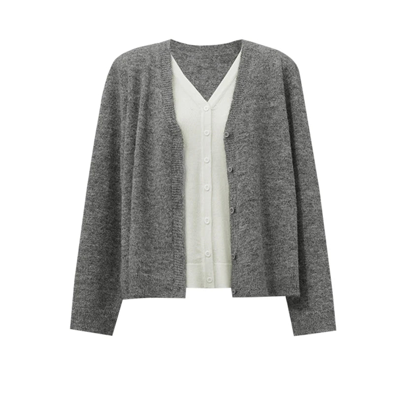 Women's V-Neck Faux Layered Knit Cardigan - Oversized Minimalist