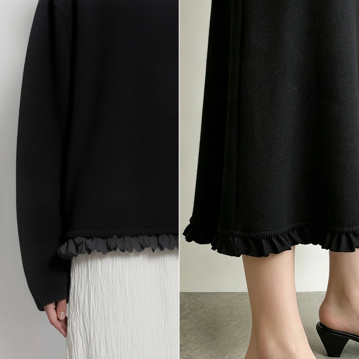 Women's O-Neck Sweater & Ruffle A-Line Midi Skirt Set
