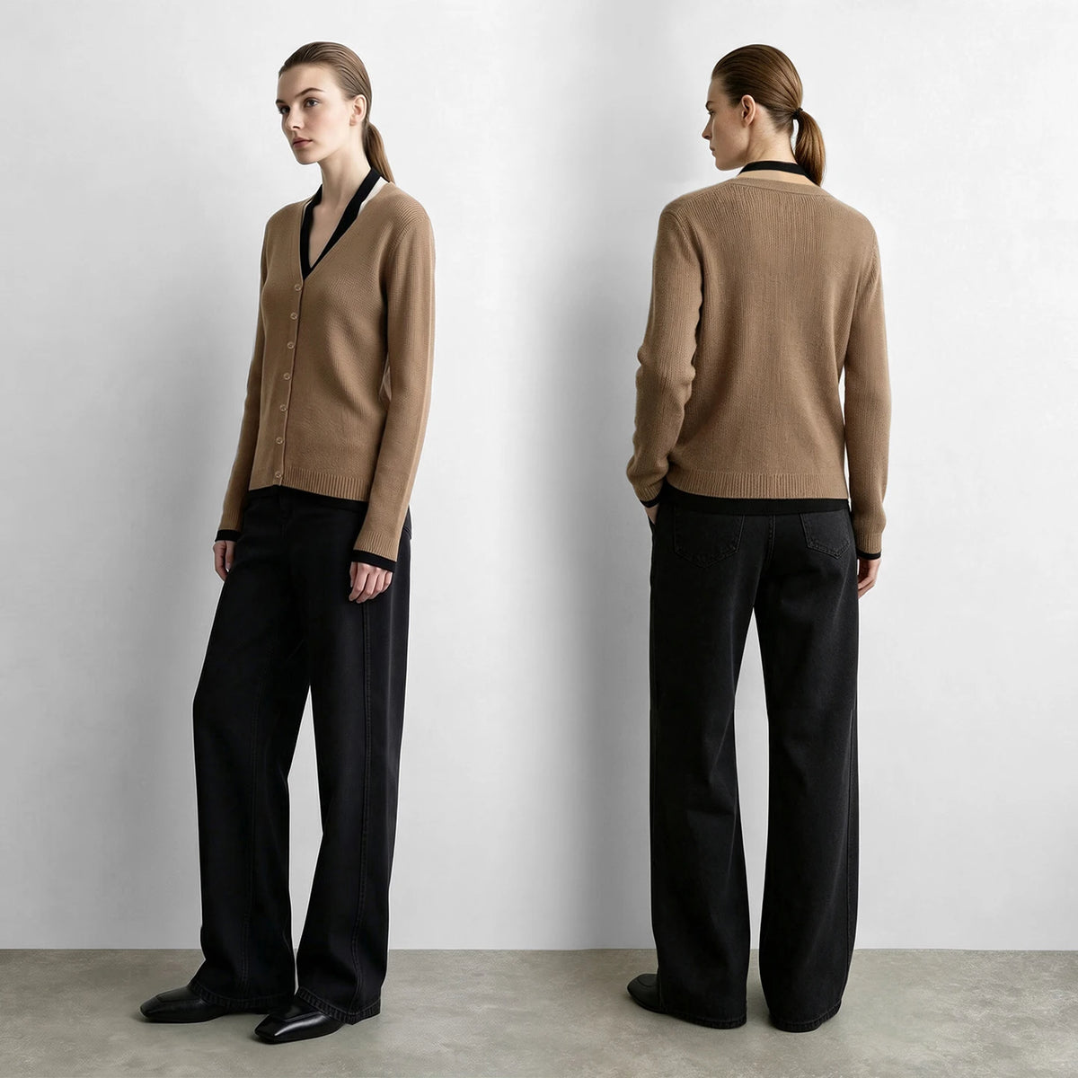 Women's V-Neck Faux Layered Color Block Knit Cardigan for Autumn