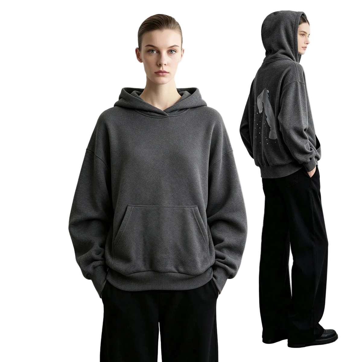 A model wears a dark gray AMII pullover hoodie with a kangaroo pocket, shown from the front and back against a minimalist light gray studio background.