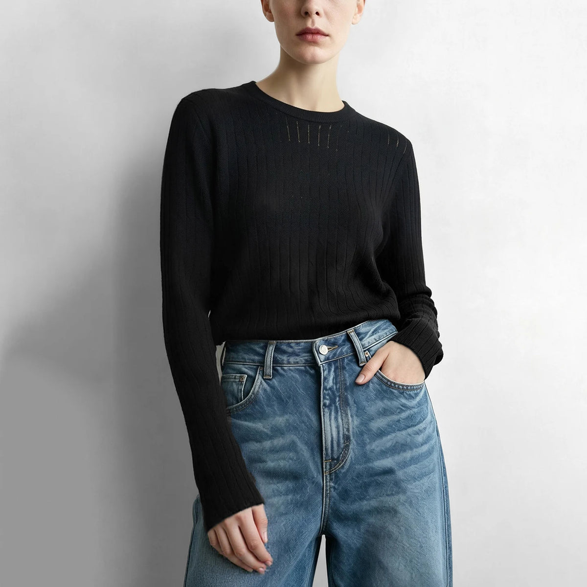 Women's Hollow Out Knit Sweater - Minimalist Crew Neck Casual Top