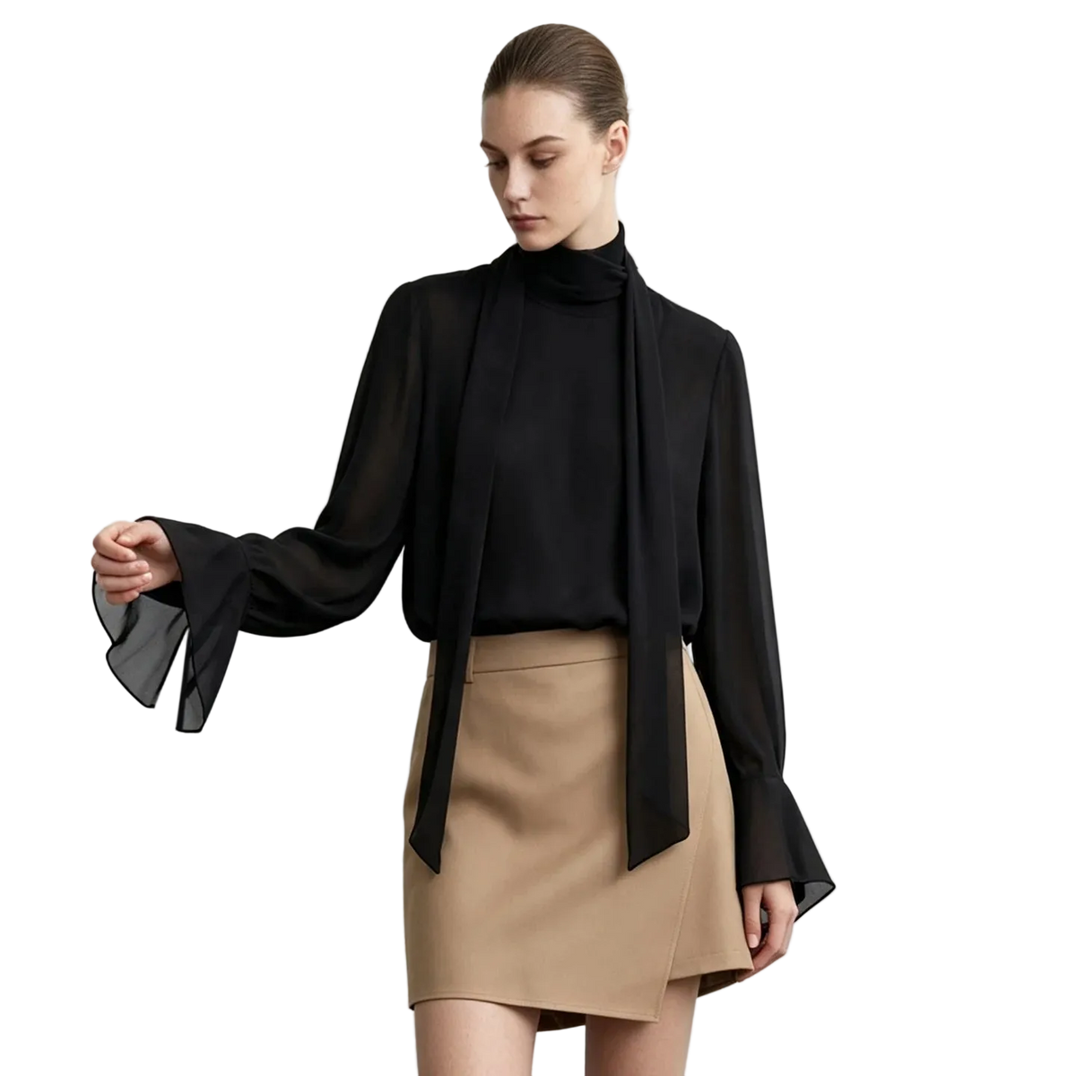 A model wearing an AMII black sheer long-sleeve blouse with a high mock neck and dramatic flared bell sleeves, paired with a beige mini skirt, against a light gray studio background.