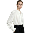 A woman modeling a white long-sleeve blouse with a high gathered collar and button front, paired with black high-waisted trousers. The AMII brand logo is visible in the top left corner against a clean white background.