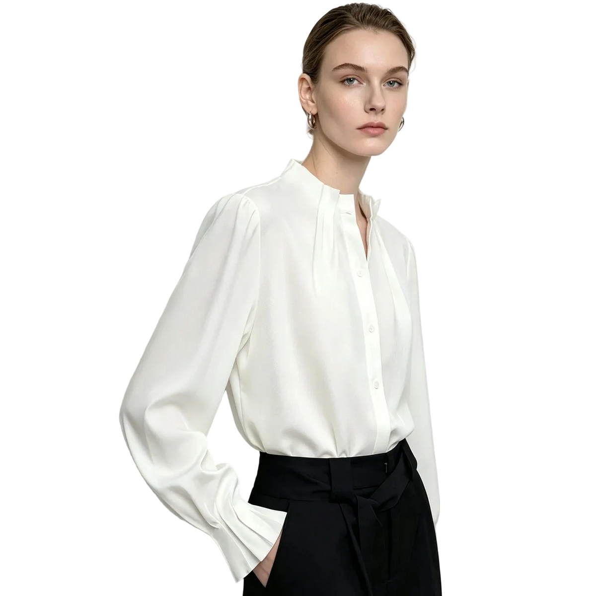 A woman modeling a white long-sleeve blouse with a high gathered collar and button front, paired with black high-waisted trousers. The AMII brand logo is visible in the top left corner against a clean white background.