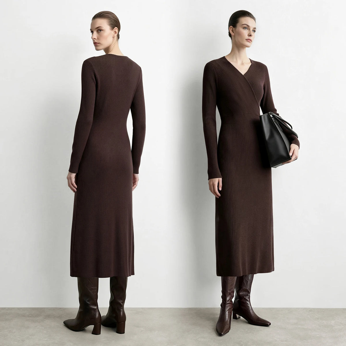 Women's V-Neck Knit Maxi Dress | Elegant A-Line Long Sleeve Sweater