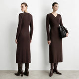 Women's V-Neck Knit Maxi Dress | Elegant A-Line Long Sleeve Sweater