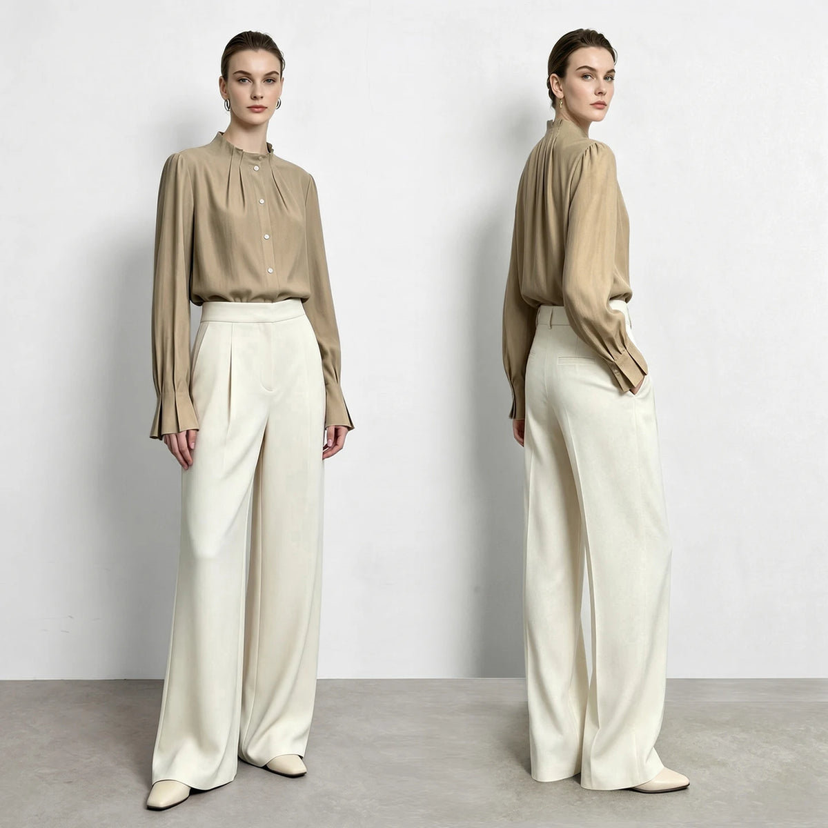Satin Stand Collar Blouse - Oversized Flared Sleeve Minimalist Shirt