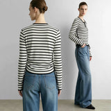 French Style Striped Knit Sweater - Minimalist Crew Neck Autumn Top
