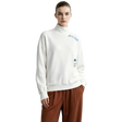 A model wearing an off-white AMII turtleneck sweatshirt with colorful embroidered logo details on the chest and waist, paired with brown drawstring pants, set against a plain light gray background.