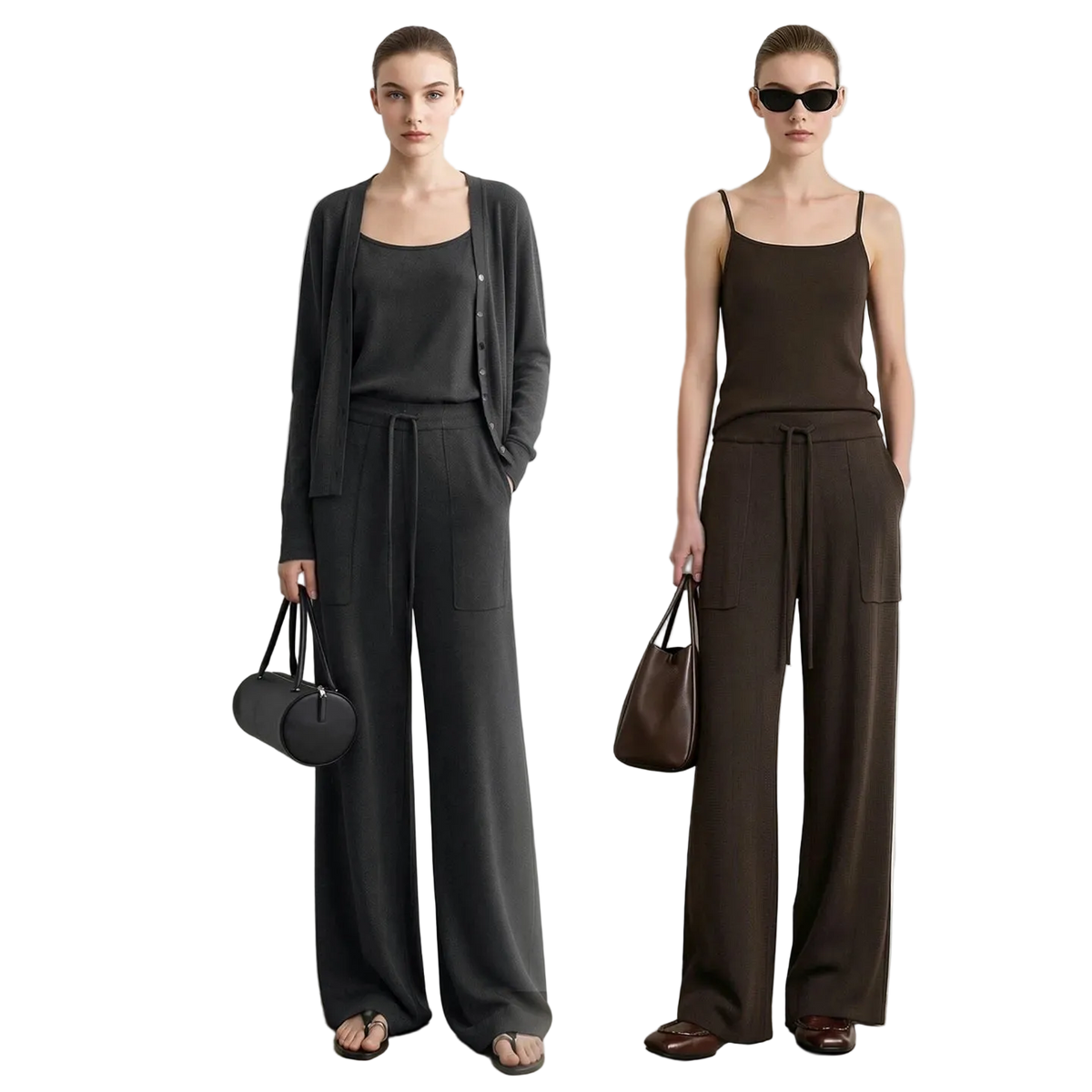 Two models wearing AMII wide-leg pants and matching tops in dark gray and dark brown, standing against a light gray wall. The left model wears a dark gray cardigan over a black tank top, and the right model wears a dark brown camisole with matching brown pants.