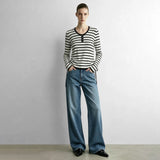 French Style Striped Knit Sweater - Minimalist Crew Neck Autumn Top