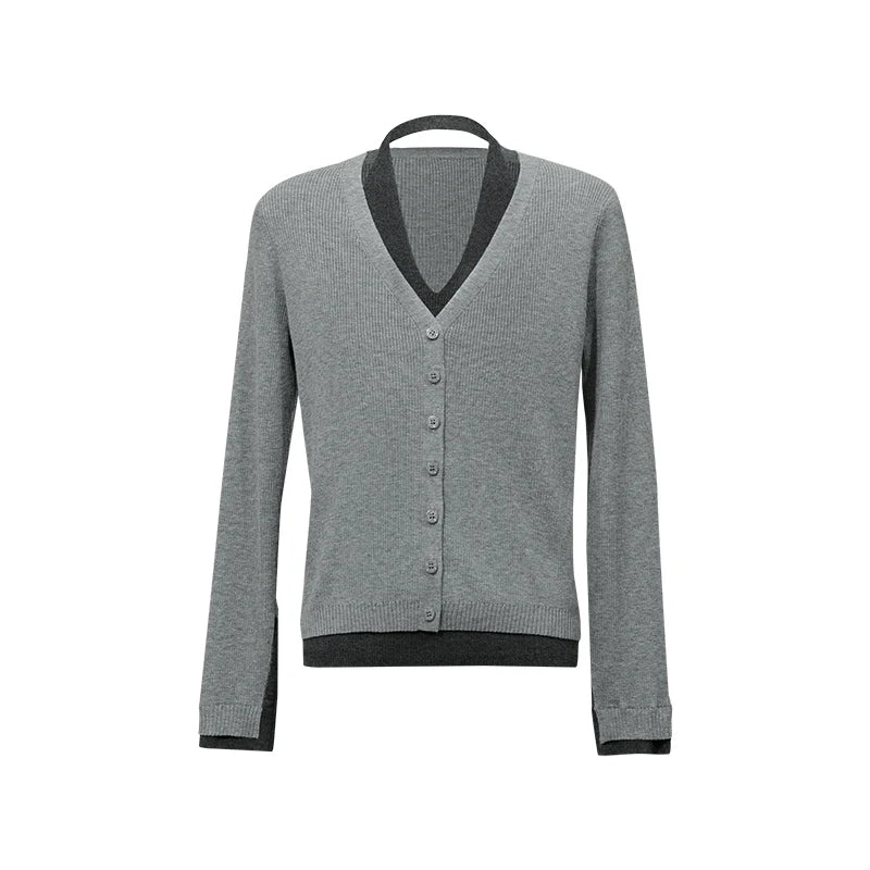 Women's V-Neck Faux Layered Color Block Knit Cardigan for Autumn