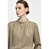 Satin Stand Collar Blouse - Oversized Flared Sleeve Minimalist Shirt