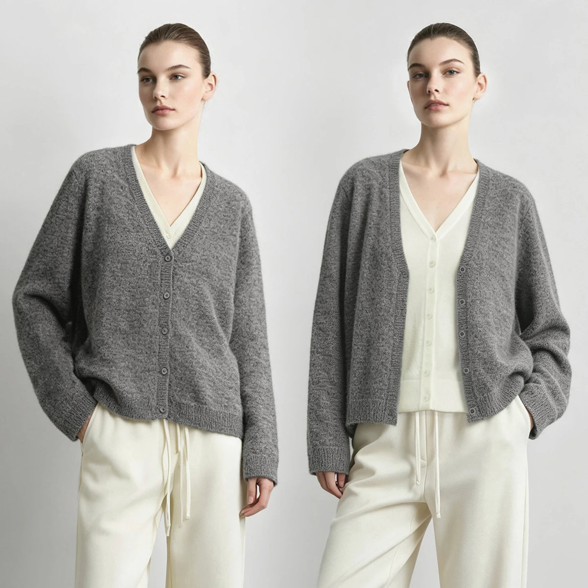 Women's V-Neck Faux Layered Knit Cardigan - Oversized Minimalist
