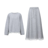 Women's O-Neck Sweater & Ruffle A-Line Midi Skirt Set