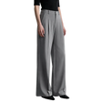 A model wearing a pair of high-waisted, wide-leg gray trousers with pleated detailing, paired with a black short-sleeve top and black pointed-toe flats. The AMII brand logo is visible in the top-left corner against a minimalist light gray studio background.