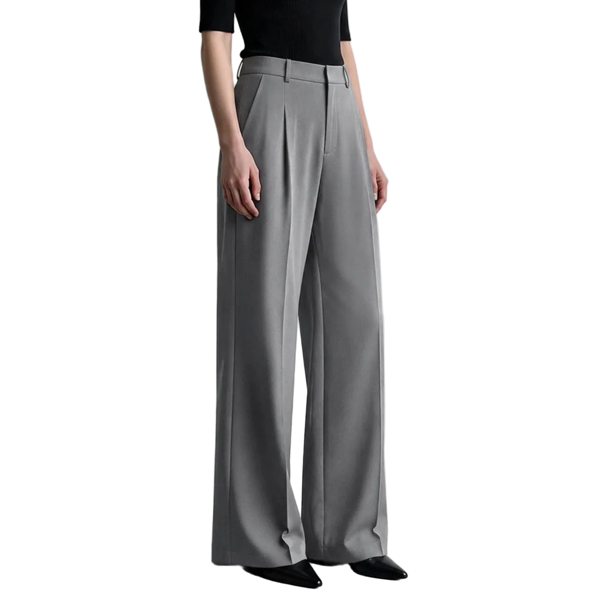 A model wearing a pair of high-waisted, wide-leg gray trousers with pleated detailing, paired with a black short-sleeve top and black pointed-toe flats. The AMII brand logo is visible in the top-left corner against a minimalist light gray studio background.