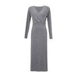 Women's V-Neck Knit Maxi Dress | Elegant A-Line Long Sleeve Sweater
