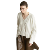 A model wearing an AMII cream-colored V-neck knit cardigan sweater and brown leather pants, standing against a minimalist light gray wall and concrete floor.
