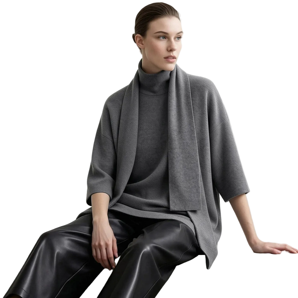 A model wearing an AMII gray knit turtleneck sweater with a draped shawl collar, paired with black leather pants, seated against a light gray background.