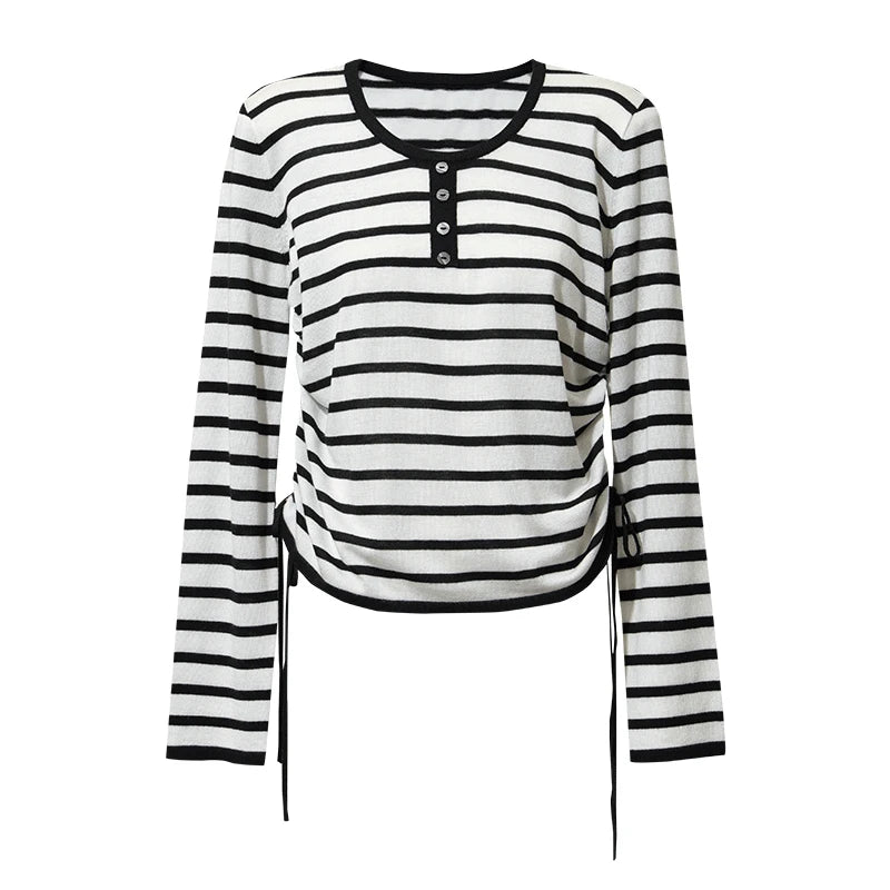 French Style Striped Knit Sweater - Minimalist Crew Neck Autumn Top