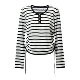 French Style Striped Knit Sweater - Minimalist Crew Neck Autumn Top