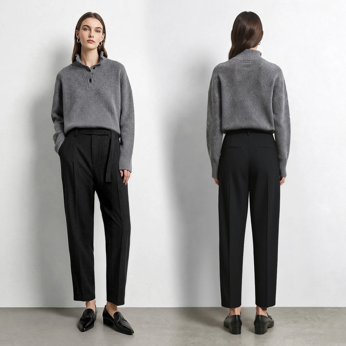Women's Winter Tapered Pants Ankle Length Office Trousers with Belt
