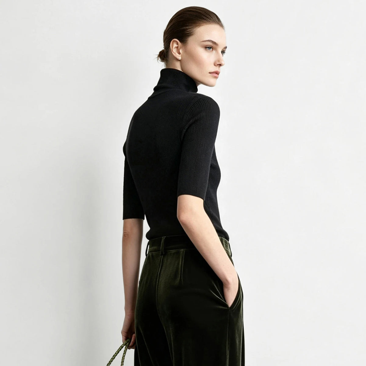 Women's Merino Wool Turtleneck - Slim Half Sleeve Minimalist Knit