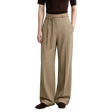 A model wearing AMII beige wide-leg pleated trousers with a drawstring waist, paired with a dark brown top and brown suede loafers, set against a minimalist studio background.