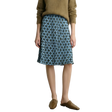 A model wearing a blue and gray geometric patterned midi skirt with a brown knit sweater and brown mule loafers, standing against a light gray wall. The brand name AMII is visible in the top left corner.