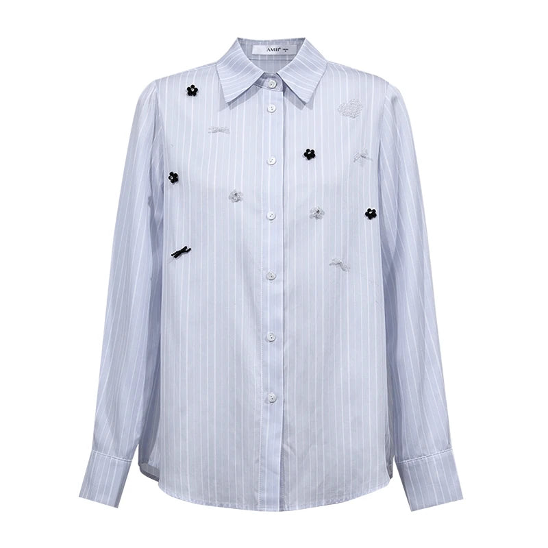 Women's Striped Long Sleeve Blouse - Beaded Office Wear