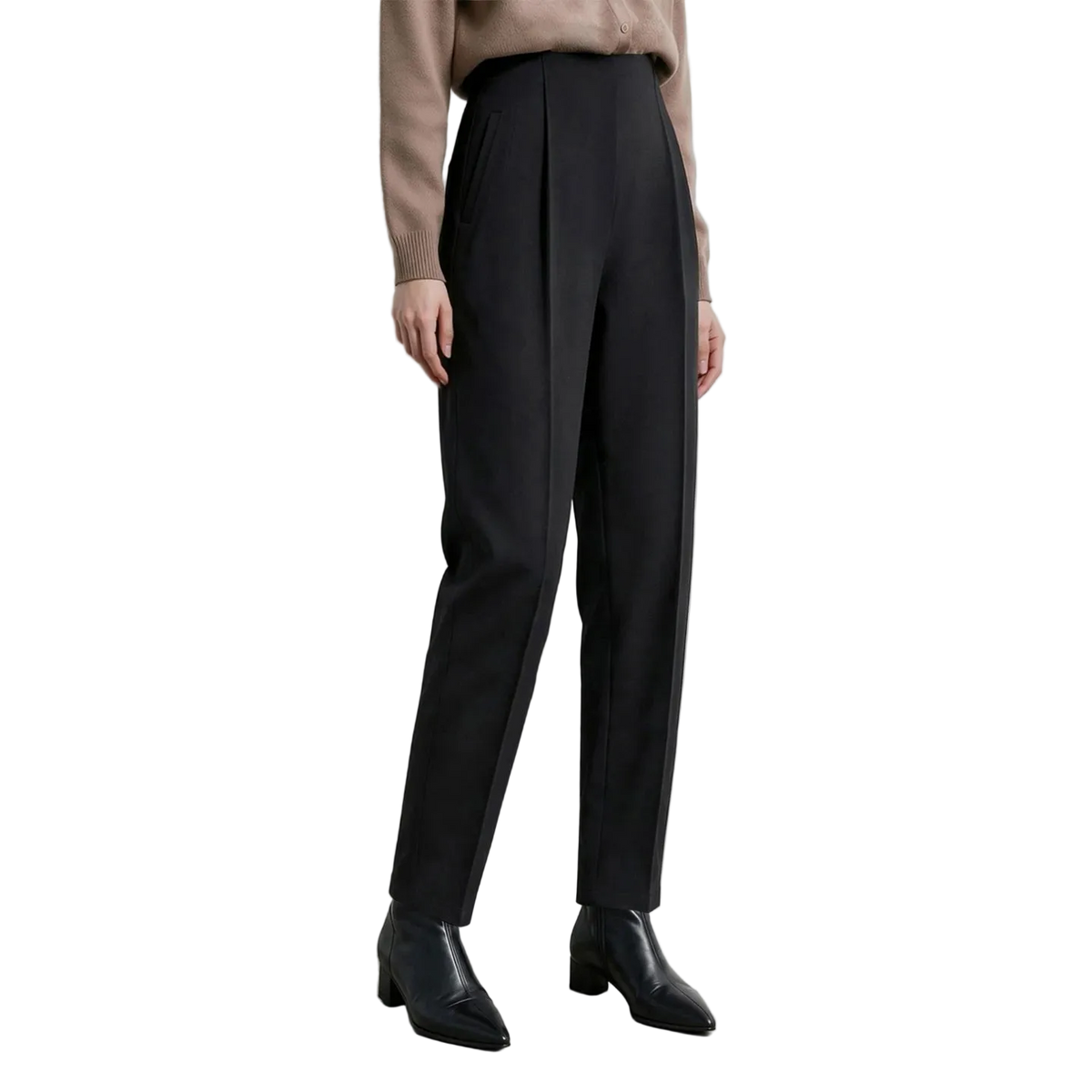 A model wearing black high-waisted, straight-leg trousers with pleats, paired with a beige sweater and black pointed-toe ankle boots. The AMII brand logo is visible in the top-left corner against a neutral light gray studio background.