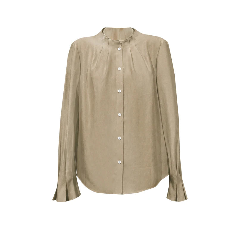 Satin Stand Collar Blouse - Oversized Flared Sleeve Minimalist Shirt
