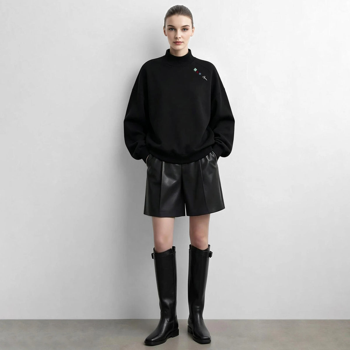 Women's Mock Neck Oversized Sweatshirt - Autumn Embroidery Pullover